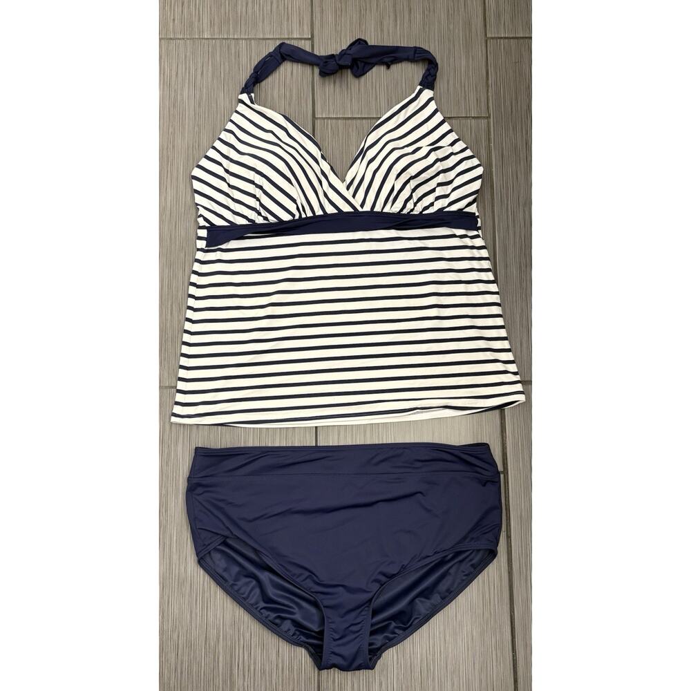 Lands' End Navy and White Striped Tankini with Navy Bottoms